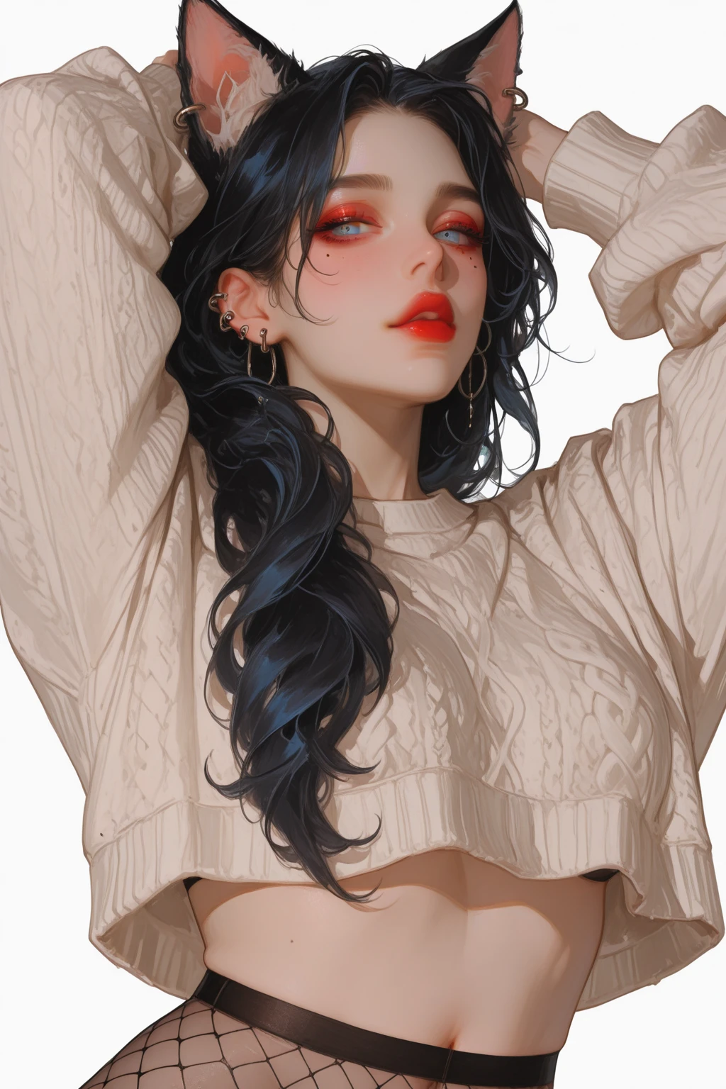 1girl, solo, animal_ears, fishnets, blue_eyes, long_hair, black_hair, cat_ears, pantyhose, navel, arms_up, piercing, looking_at_viewer, fishnet_pantyhose, mole, lips, mole_under_eye, white_background, simple_background, jewelry, ear_piercing, earrings, red_lips, makeup, sweater,