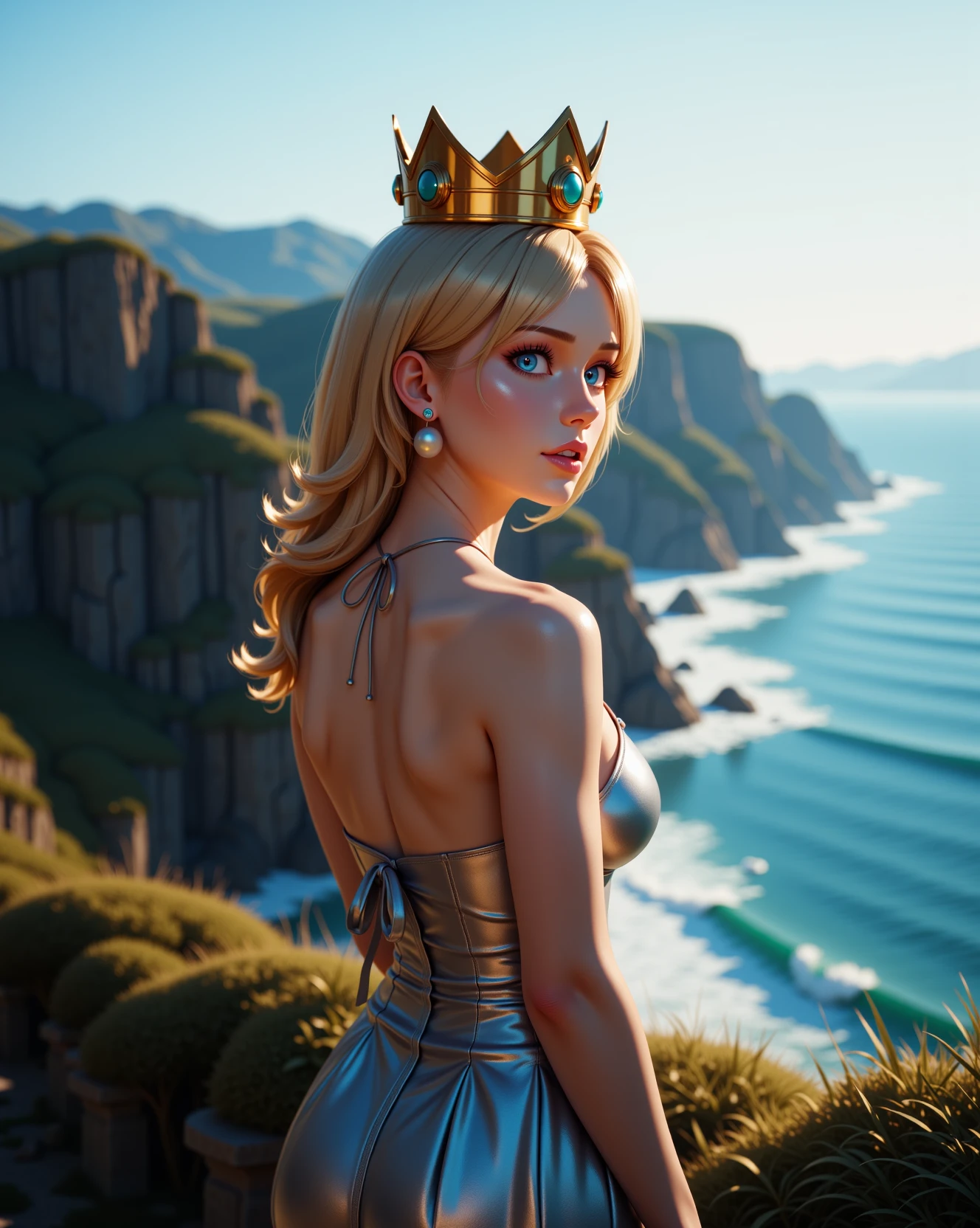 photorealistic image of <lora:Nintendo_-_Princess_Peach_v2_000030:1> n-peach, a 20 year old girl she has blue eyes and blonde hair, wearing a golden crown, a 20 year old woman Horrified with wide, panicked eyes, mouth agape, and hands covering the face.
-Highest quality, best quality, masterpiece. cinematic atmosphere. The lighting is soft yet dramatic. The film grain adds a tactile, grainy texture, enhancing the dreamlike quality of the scene.
A woman stands at the top of a hill, gazing out over a valley below, the morning mist still lingering over the fields, the air cool and fresh.
Chiffon long-sleeve blouse with a bow tie at the neck and delicate lace detailing
