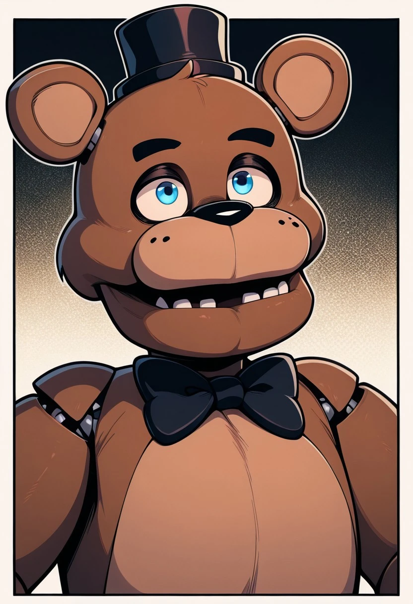 <lora:freddy-09:1> freddy, black bowtie, black hat, brown skin, bear ears, animatronic, masterpiece, best quality, amazing quality, very aesthetic, absurdres, newest, masterpiece, best quality, amazing quality, very aesthetic, absurdres, newest,, upper body, halftone effect, white borders, abstract background:1.2,
