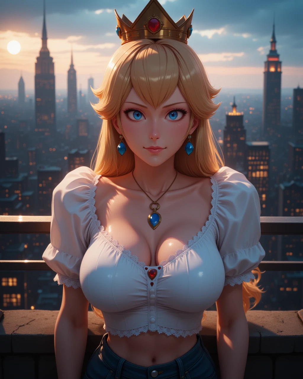 -facing the viewer in a photorealistic image of <lora:Nintendo_-_Princess_Peach_v2_000030:1> n-peach, a 20 year old girl she has blue eyes and blonde hair, wearing a golden crown, a 20 year old woman Enraged with clenched fists, flared nostrils, and eyes burning with fury.
-Highest quality, best quality, masterpiece. cinematic atmosphere. The lighting is soft yet dramatic. The film grain adds a tactile, grainy texture, enhancing the dreamlike quality of the scene.
A woman stands on a balcony in a city, taking in the view of the skyline at twilight, the lights of the city beginning to glow as the night takes over.
Lace-trimmed peasant blouse, with puff sleeves, a ruched drawstring neckline, and delicate eyelet patterning
She poses in a passport styled photo with upper body view and breasts in frame. facing the viewer with a slight smirk on her face. the background is dynamic and complex.