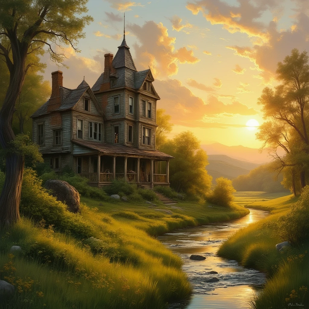 Drawing. Warm tones.
A dilapidated gothic mansion on a hillside in a verdant valley. A river winds towards distant mountains. Sunset.
cntrycmfrtCE_style