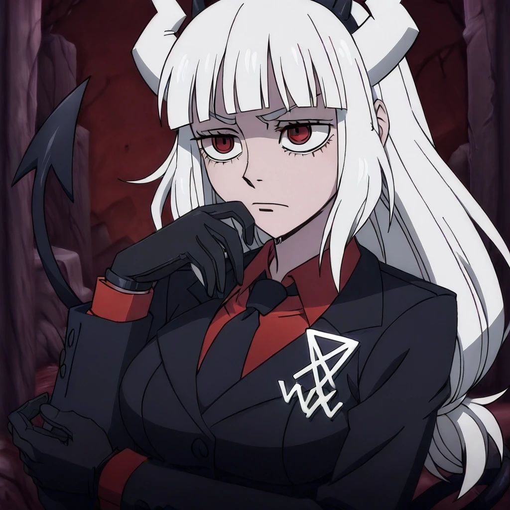 masterpiece, best quality, newest, absurdres, highres, anime, anime style, TDAEV1.0, 1girl, lucifer (helltaker), black suit, red necktie, black collared shirt, black gloves, blunt bangs, demon horns, demon girl, demon tail, red eyes, white hair, long hair