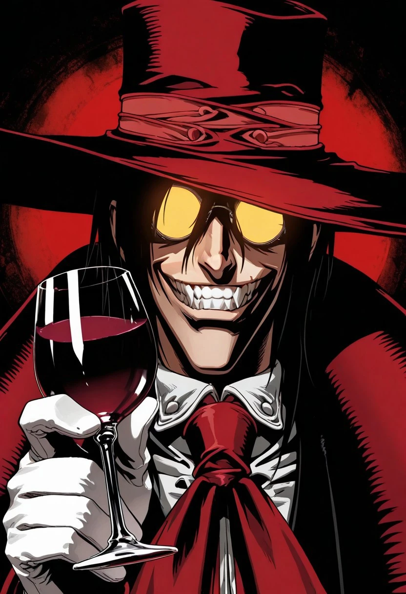 Hellsing_style, masterpiece, best quality, 1boy, male focus, Alucard, hat, evil grin, smile, teeth, sunglasses, glowing glasses, holding, wine, wine glass, gloves, portrait