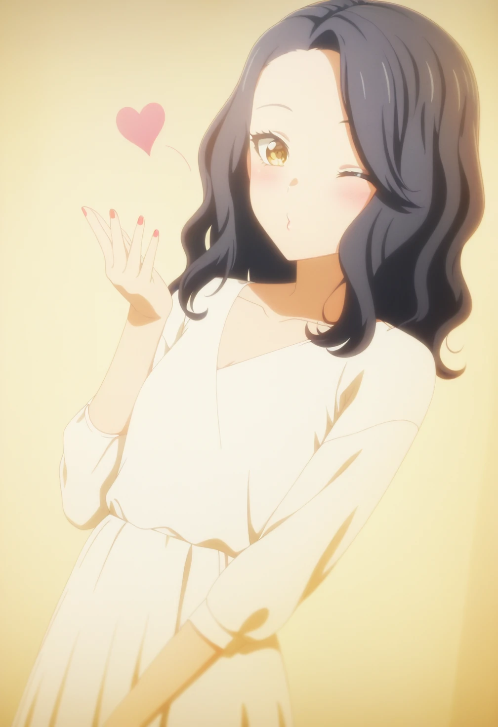 simple_background,official style,anime coloring,(anime screencap) masterpiece,masterpiece,best quality,very aesthetic,absurdres,highres,
maiden,slim figure,flat chest,
light yellow background,solid background,cinematic_angle,1girl,solo,
<lora:blowing-kiss-ponyxl-lora-nochekaiser:1>,blowing kiss,pucked lips,heart,one eye closed,o3o,looking at viewer,hand up,blush,full body,
(2d:1.2),
<lora:Togawa MizuhoV1-Nuclear1811-IL:1>,Togawa Mizuho, yellow eyes, black hair, long hair, df, df lipstick, df collarbone, df cleavage, df dress, df white dress, df skirt, df long skirt, df long sleeves, df nail polish, df red nail polish, df high heels, df white footwear,