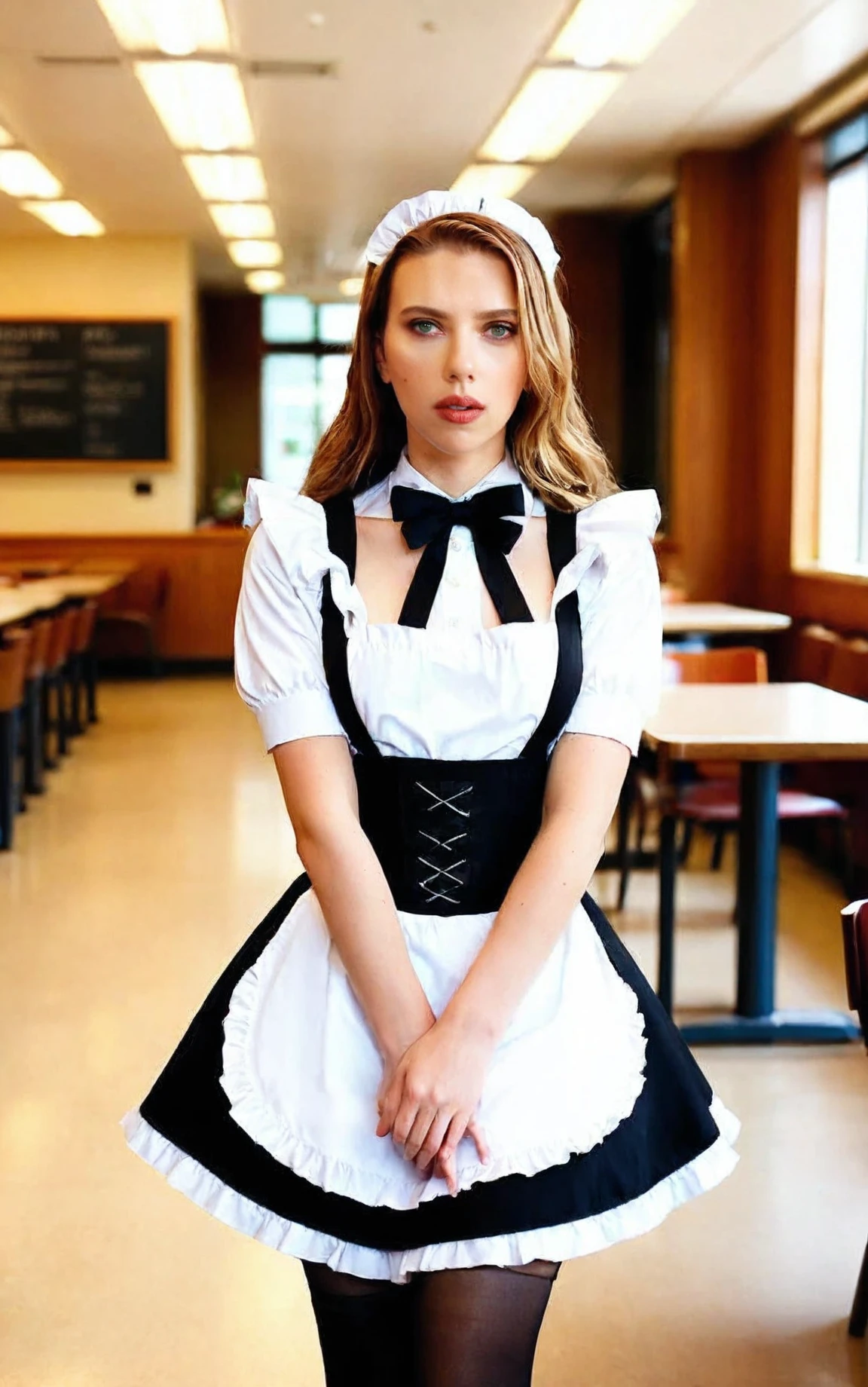 masterpiece, best quality, medium breasts, Scarlett Johansson, detailed face, realistic, looking viewer, long hair, brown hair, maid outfit, cafeteria, solo, black sheer stocking, <lora:illustrious-Scarlett Johansson 1216x1600:1>