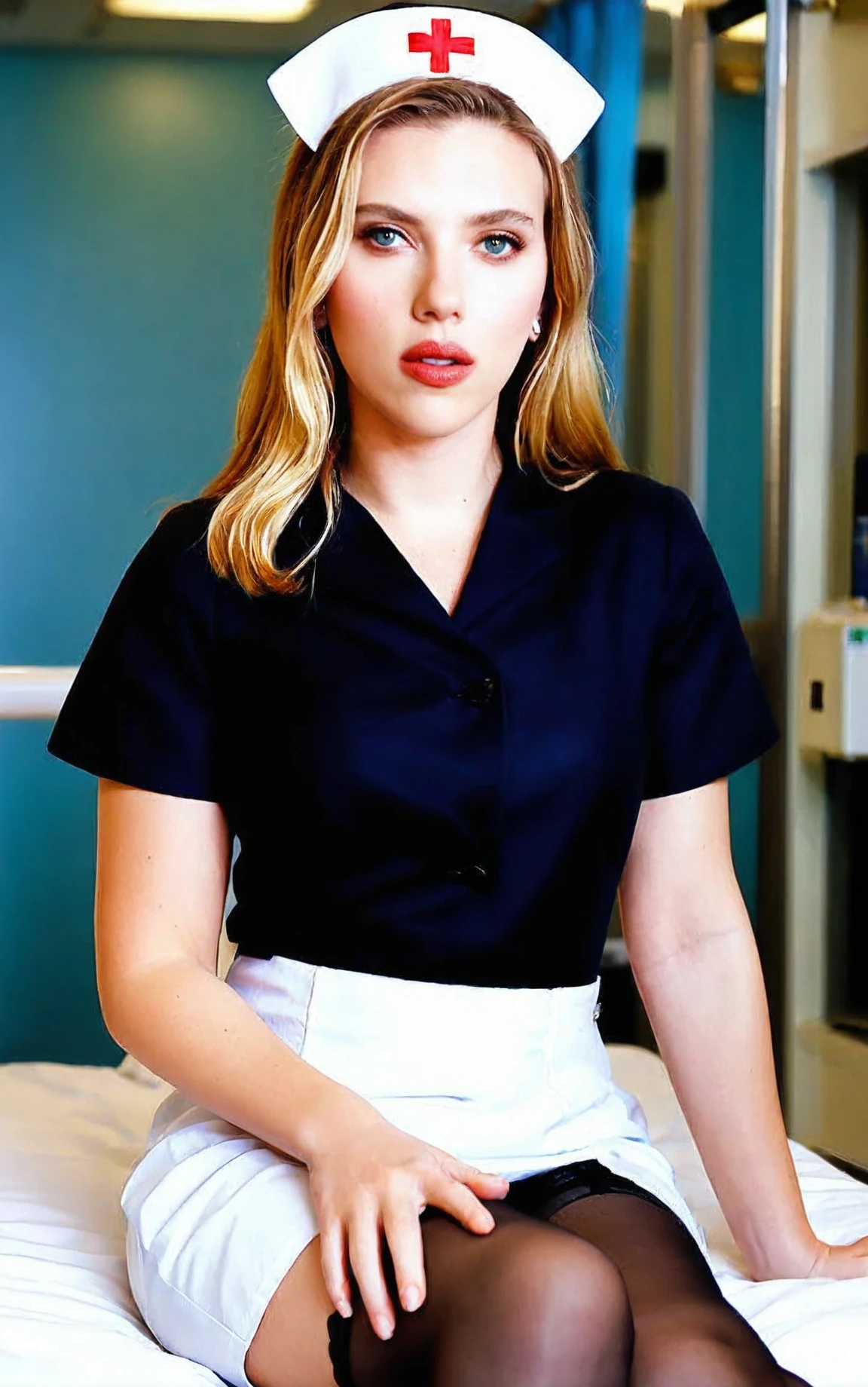 masterpiece, best quality, medium breasts, Scarlett Johansson, detailed face, realistic, looking viewer, long hair, nurse outfit, hospital, solo, black sheer stocking, <lora:illustrious-Scarlett Johansson 1216x1600:1>, sitting