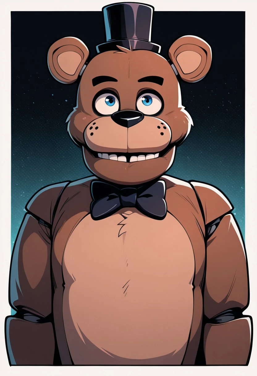 <lora:freddy-09:1> freddy, black bowtie, black hat, brown skin, bear ears, masterpiece, best quality, amazing quality, very aesthetic, absurdres, newest, masterpiece, best quality, amazing quality, very aesthetic, absurdres, newest,, upper body, halftone effect, white borders, abstract background:1.2,