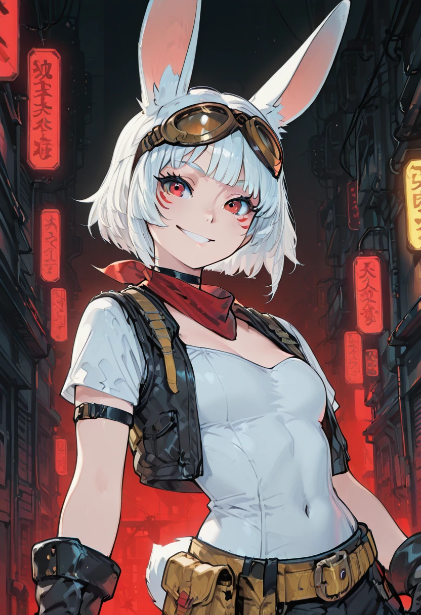 masterpiece, best quality, 1girl, solo, eyelashes, (beautiful eyes), Silvacitronoc, red eyes, white hair, short hair, rabbit ears, rabbit girl, animal nose, goggles on head, black gloves, black jacket, white shirt, open clothes, yellow belt, <lora:SilvaCitronOC_IXL:1.0>,