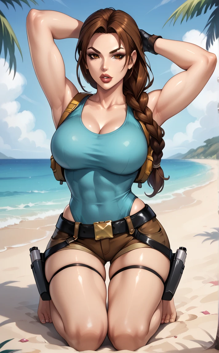 Slim figure,ripped jeans,having fun,Mesh garment,Chest open,Exposing the abdomen,Cocked buttocks,Fleshy thighs,Purple shawl,Masterpiece,Brilliant sunshine,Ocean Garden,Above the sky,Comic cover style,Comic title,tmasterpiece, High- sharpness, high high quality, Detailed face, detailed body render, 1girll, solo, Hinata sleeveless clothing, sleeveless shirts, Fishing net clothing, Dark lips, Unzipped jacket,