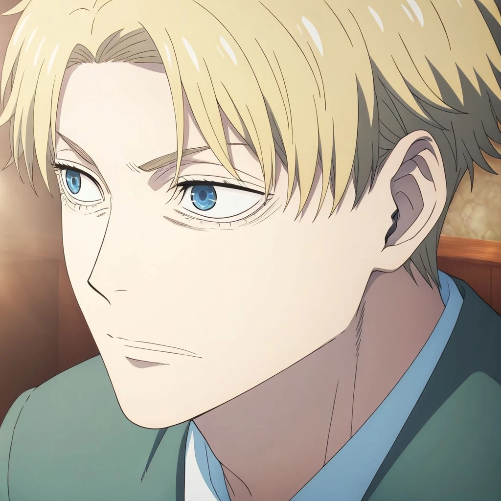 masterpiece, best quality, newest, absurdres, highres, anime, anime style, TDAEV1.0,
1boy, loid forger (spy_x_family), blonde, blue eyes, green suit,