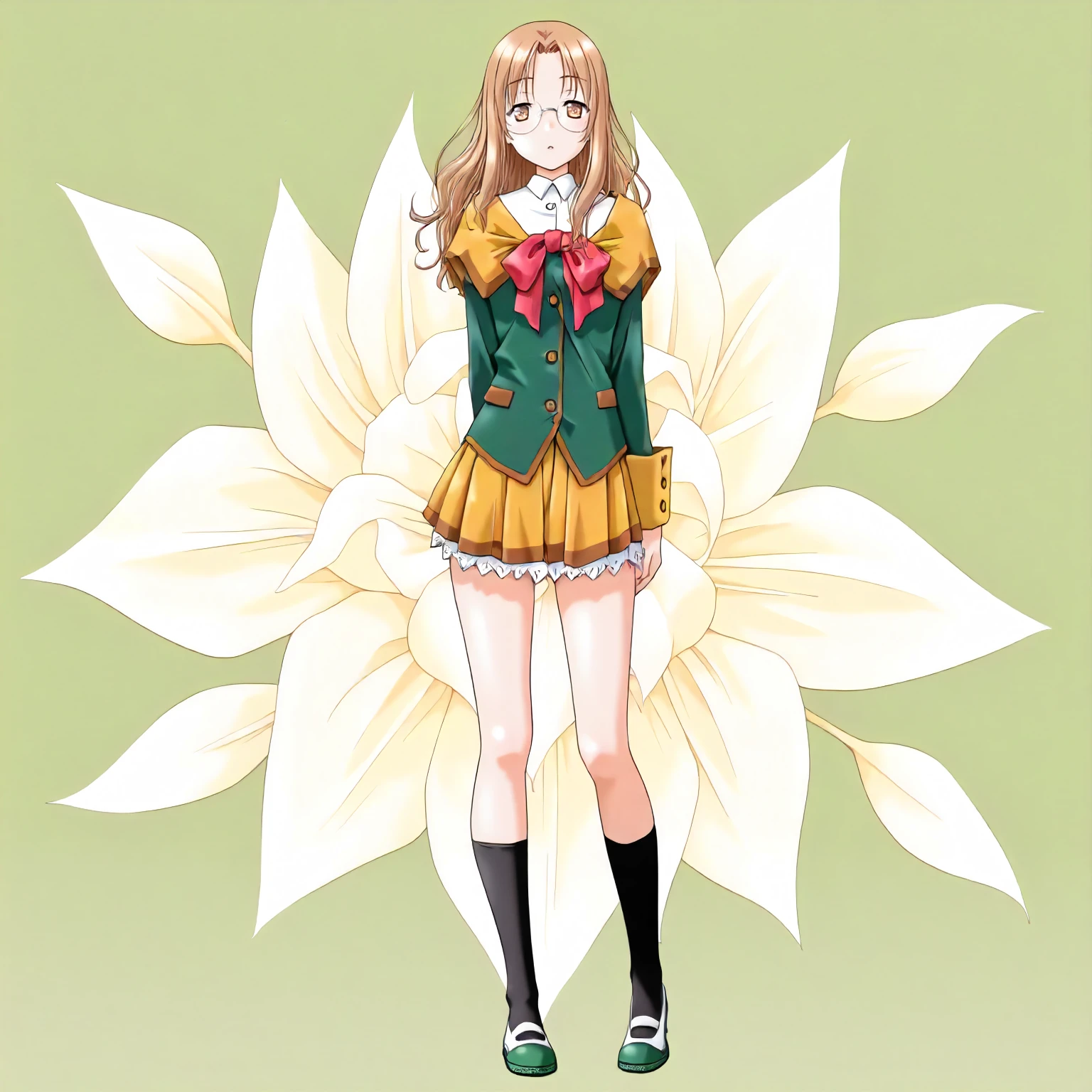 <lora:YG_takani_sakuyaXLIllustrious001>,
masterpiece,best quality,good quality,newest,
flower background,glitter,
parted lips,
looking at viewer,
solo,
anime coloring,
takani_sakuya\(yukigatari\),1girl,light brown hair,long hair,brown eyes,rimless_eyewear,
yellow caplet,white shirt,red bow tie,green jacket,yellow cuffs,
yellow skirt,pleated_skirt,frilled_skirt,miniskirt,
black socks,uwabaki,
full body,
standing,