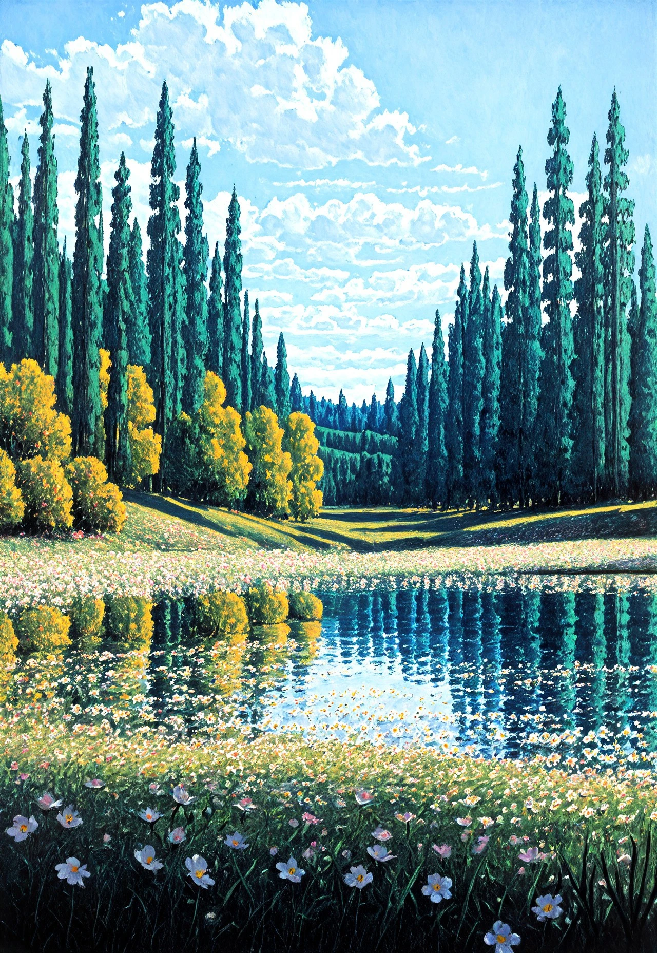masterpiece, very aesthetic, absurdres, best quality, masterpiece, very aesthetic, absurdres, best quality, 1MPR3SS1ON1SM, oil painting, scenery, outdoors, no humans, nature, sky, cloud, traditional media, tree, day, flower, forest, grass, cloudy sky, field, painting (medium), blue sky, water, landscape, lake