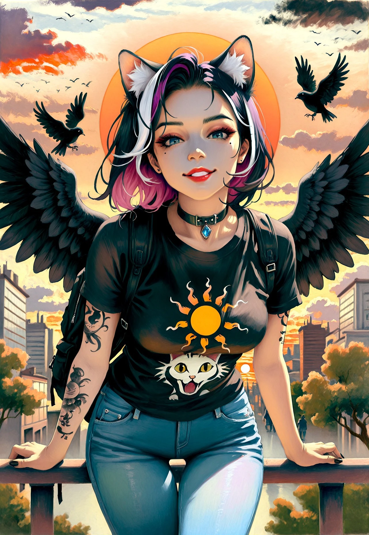 masterpiece, very aesthetic, absurdres, best quality, 1MPR3SS1ON1SM, oil painting, traditional media, 1girl, animal ear fluff, animal ears, arm tattoo, flying, backpack, bird, black hair, black nails, black shirt, black wings, blue eyes, blue pants, building, cat ears, choker, cloud, collar, cowboy shot, denim, eyelashes, feathered wings, fingernails, gem, jeans, jewelry, leaning forward, lips, lipstick, looking at viewer, makeup, medium breasts, medium hair, mole, mole under eye, multicolored hair, nail polish, nose, outdoors, pants, parted lips, piercing, pink hair, pink lips, print shirt, purple hair, red lips, shirt, short hair, short sleeves, sky, smile, solo, streaked hair, sun, sunset, t-shirt, tattoo, teeth, thigh gap, tree, two-tone hair, white hair, wings