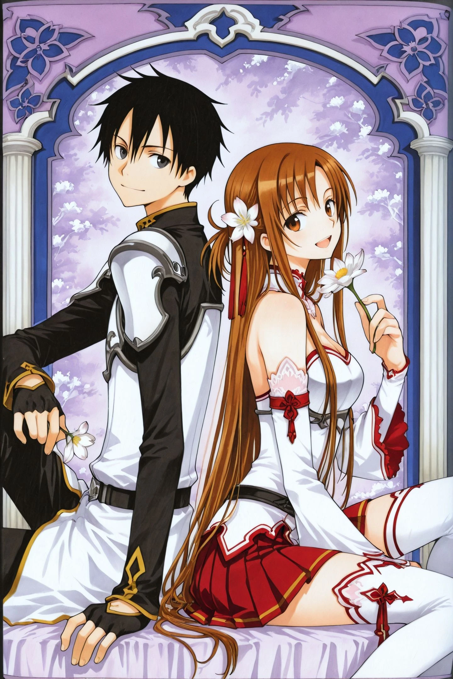 1girl,kirito,asuna (sao),breastplate,1boy,black hair,long hair,armor,back-to-back,thighhighs,brown hair,flower,skirt,brown eyes,white armor,sitting,black eyes,holding,smile,detached sleeves,gloves,fingerless gloves,pleated skirt,red skirt,looking at viewer,open mouth,bare shoulders,hair ornament,black gloves,short hair,white thighhighs,white flower,long sleeves,hair flower,:d,miniskirt,holding flower,looking at viewer,traditional media,
<lora:xxxHOLiC_illustriousXL:1.8>,