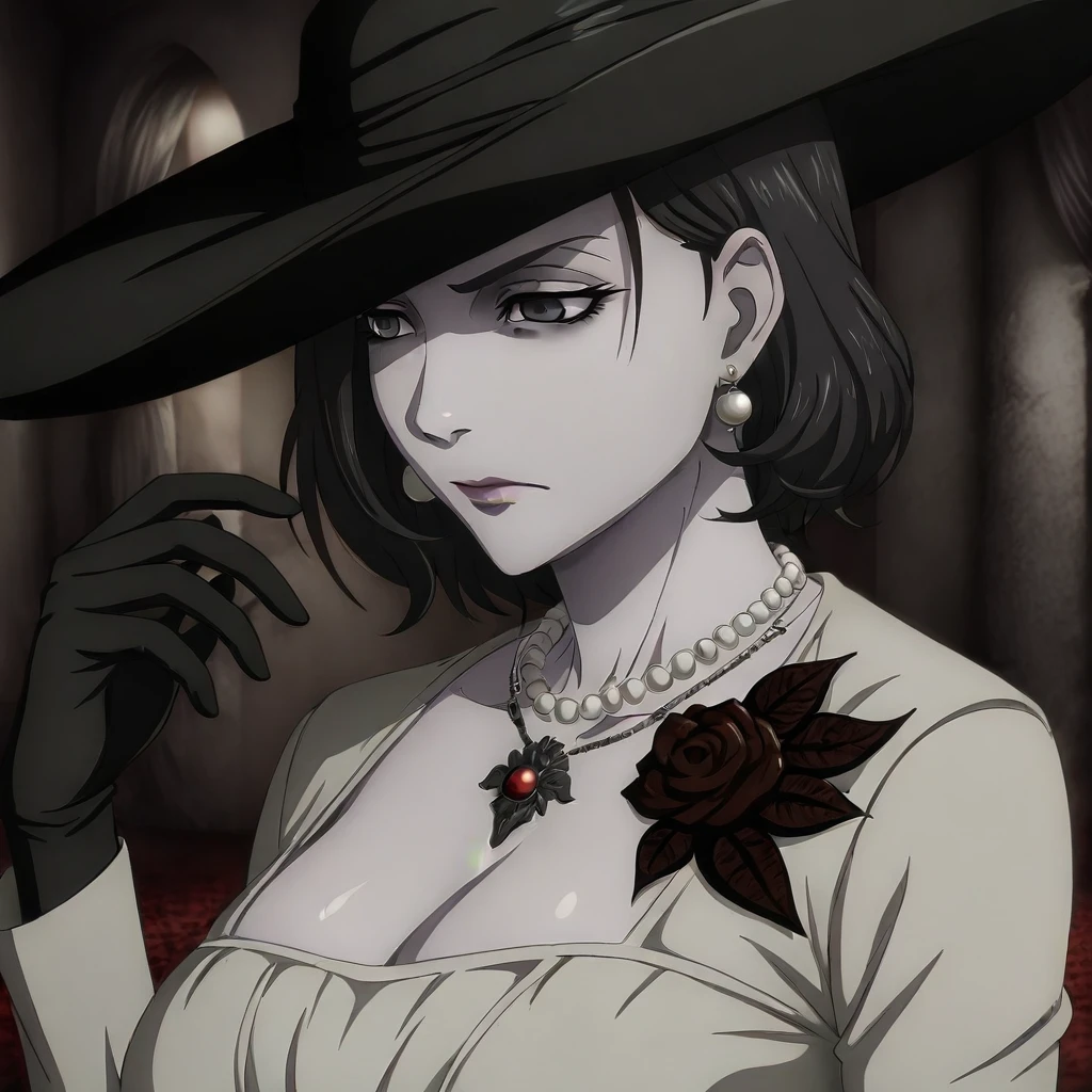 masterpiece, best quality, newest, absurdres, highres, anime, anime style, TDAEV1.0, 1girl, alcina dimitrescu (resident evil), dress, grey eyes, mature female, hat, earrings, black gloves, black hair, closed mouth, medium hair, pale skin, red eyeshadows, necklace, pearl necklace, white dress,
