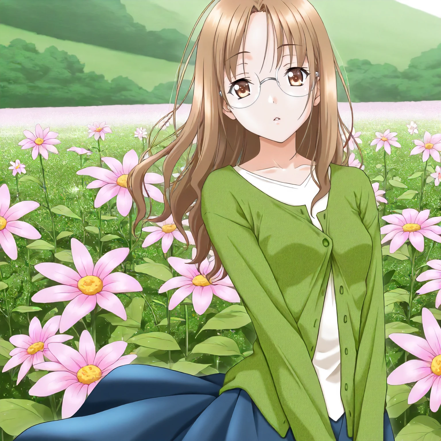 <lora:YG_takani_sakuyaXLIllustrious001>,
masterpiece,best quality,good quality,newest,
flower background,day,glitter,
parted lips,
looking at viewer,
solo,
anime coloring,
takani_sakuya\(yukigatari\),1girl,light brown hair,long hair,brown eyes,rimless_eyewear,
layered shirt,green cardigan,collarless,white shirt,
blue skirt,long_skirt,