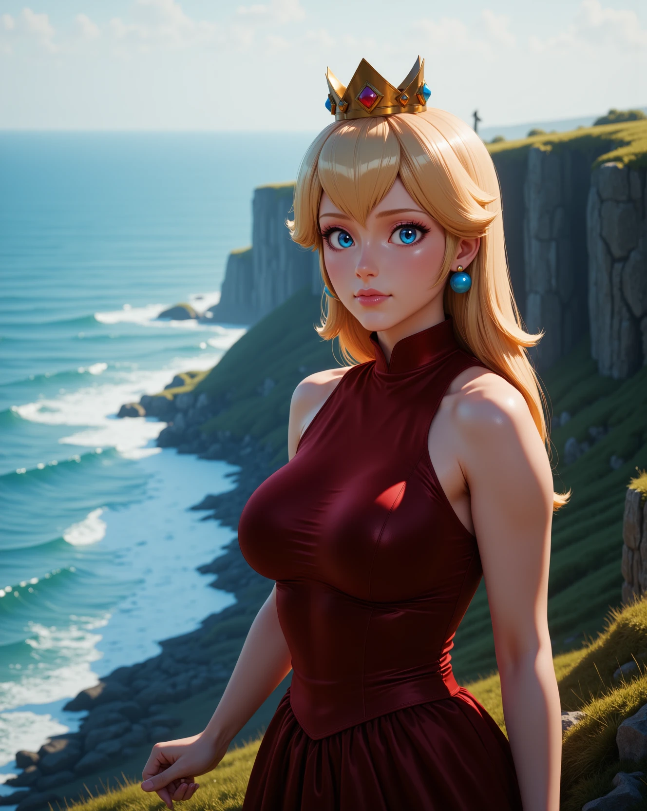 photorealistic image of <lora:Nintendo_-_Princess_Peach_v2_000030:1> n-peach, a 20 year old girl she has blue eyes and blonde hair, wearing a golden crown, a 20 year old woman Stressed with furrowed brows, tight jaw, and hands wringing together in anxiety.
-Highest quality, best quality, masterpiece. cinematic atmosphere. The lighting is soft yet dramatic. The film grain adds a tactile, grainy texture, enhancing the dreamlike quality of the scene.
A woman stands at the top of a hill, gazing out over a valley below, the morning mist still lingering over the fields, the air cool and fresh.
Velvet midi dress with a plunging neckline, short sleeves, and a ruched waistline