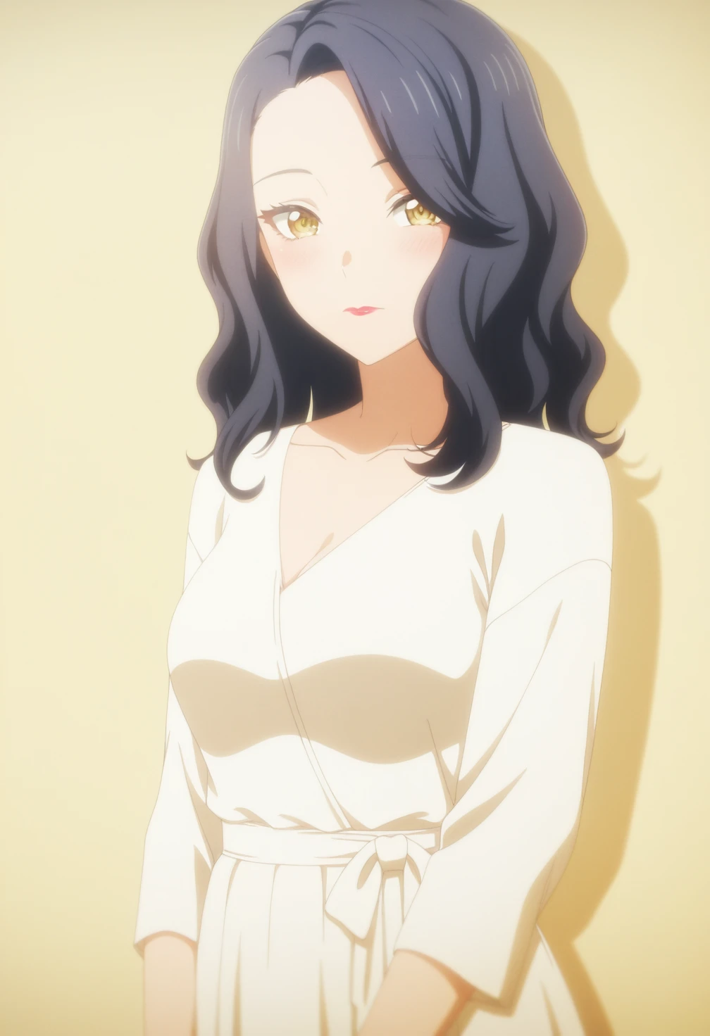 simple_background,official style,anime coloring,(anime screencap) masterpiece,masterpiece,best quality,very aesthetic,absurdres,highres,
mature female,elegant,dame,slim figure,medium breasts,
(light yellow background:1.1),(solid background:1.4),(monochrome background:1.1),cinematic_angle,1girl,solo,shadow,confident,closed_mouth,light_blush,expressionless,posing,(arm_around_waist:1.2),(looking at viewer:1.1),portrait,
<lora:Togawa MizuhoV1-Nuclear1811-IL:0.8>,Togawa Mizuho,yellow eyes,black hair,long hair,df,df lipstick,df collarbone,df cleavage,df dress,df white dress,df skirt,df long skirt,df long sleeves,df nail polish,df red nail polish,df high heels,df white footwear,