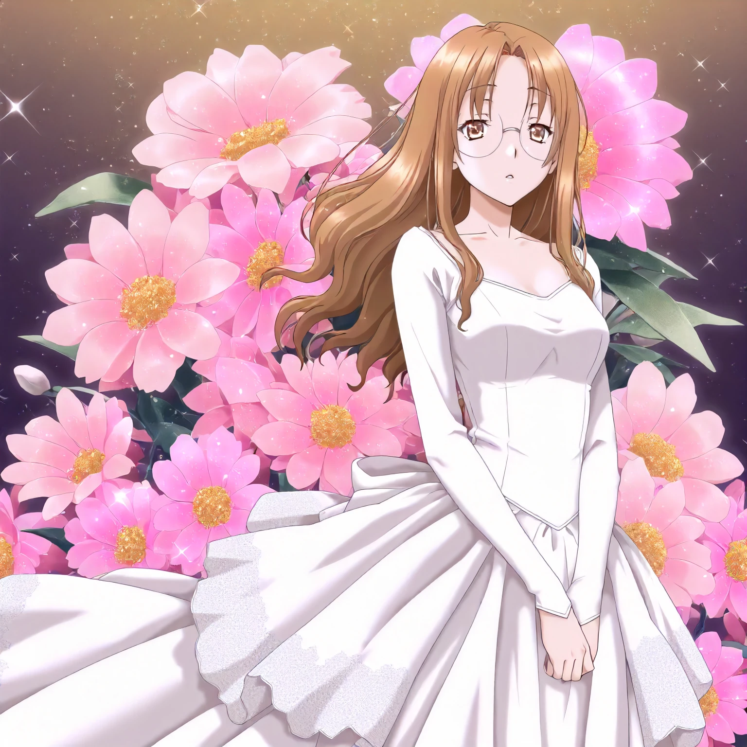 <lora:YG_takani_sakuyaXLIllustrious001>,
masterpiece,best quality,good quality,newest,
flower background,glitter,
parted lips,
looking at viewer,
solo,
anime coloring,
takani_sakuya\(yukigatari\),1girl,light brown hair,long hair,brown eyes,rimless_eyewear,
cowboy shot,standing,
wedding_dress,