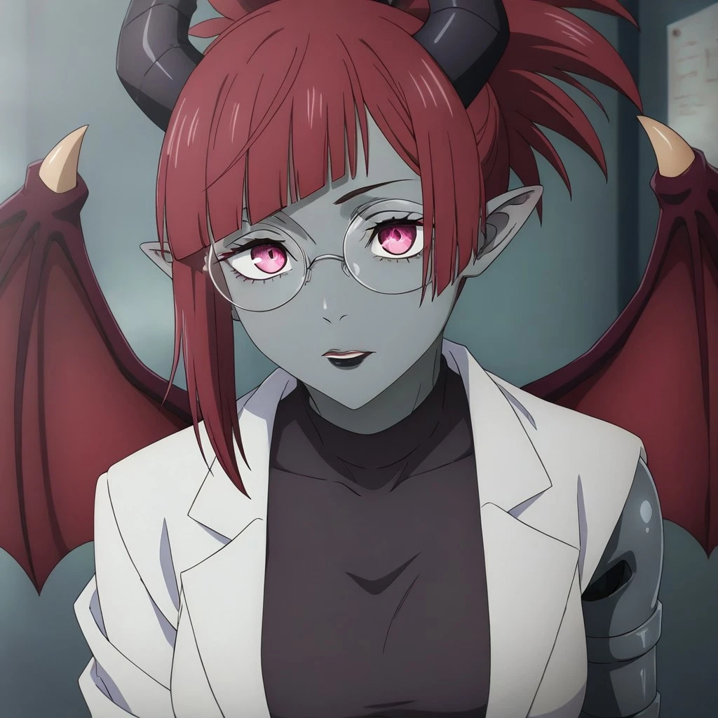 masterpiece, best quality, newest, absurdres, highres, anime, anime style, TDAEV1.0, detailed eyes, eye focus,
1girl, succubus, grey skin, goth, goth girl, goth makeup, grey colored skin, red hair, demon girl, horns, wings, bat wings, demon wings, red wings, lab coat, coat, single mechanical arm, glasses, round glasses, ponytail, high taied ponytail, side bangs, Oneprostethicarm, pink eyes, amputee, prosthesis, prosthetic arm, medium breasts, pointy ears,
