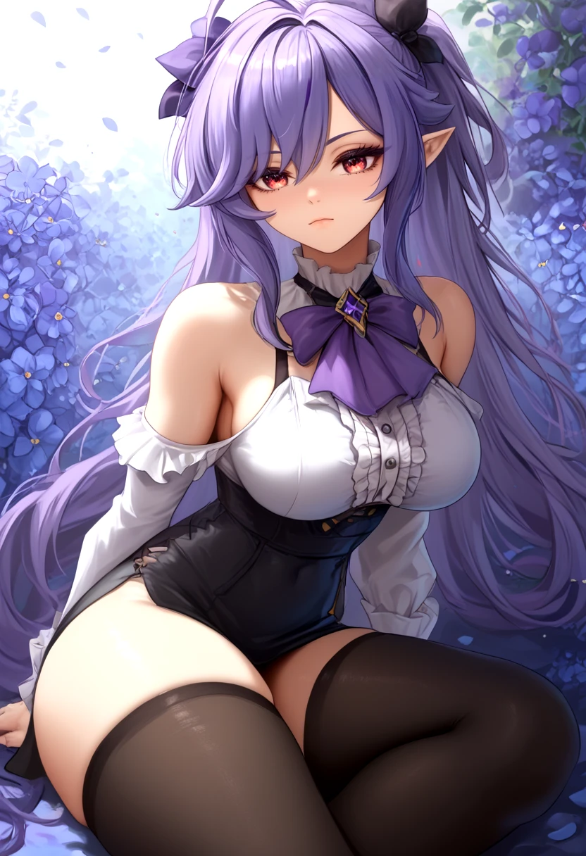 score_9,score_8_up,score_7_up,[muscular],((thin)),vivian (zenless zone zero),<lora:Vivian_Zenless_Zone_Zero:1>,((white skin)),score_6_up,score_5_up,score_4_up,source_anime,1girl,adapted costume,ahoge,ascot,bare shoulders,black bow,black bowtie,black skirt,black thighhighs,blue flower,bow,bowtie,center frills,closed mouth,falling petals,flower,foot out of frame,frills,hair bow,hair intakes,high-waist skirt,large breasts,long hair,looking at viewer,multicolored hair,pencil skirt,petals,pointy ears,purple ascot,purple bow,purple bowtie,purple hair,red eyes,shirt,side slit,sidelocks,sitting,skirt,solo,stirrup legwear,streaked hair,thighhighs,thighs,toeless legwear,very long hair,white shirt,