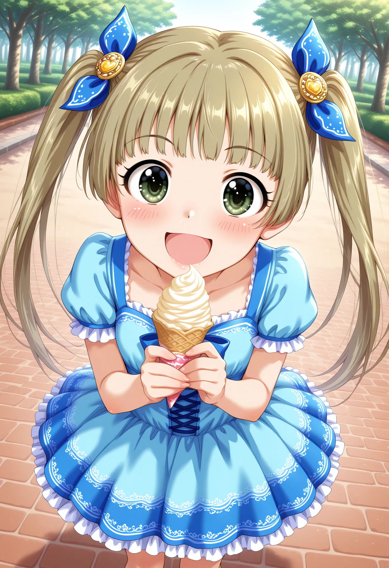 masterpiece, best quality, amazing quality, 1girl, solo, makeup, blush, front, front angle, dynamic angle, perspective, park, holding ice cream, happy, excited, smile, <lora:Yokoyama_Chika_Cinderella:1>, Yokoyama_Chika_Cinderella, long hair, twintails, brown hair, hair ornament, green eyes, idol dress, blue dress, blue hair ribbon, frills, laces, <lora:wai-Rectified-s:1>, <lora:prompt_extend:1>