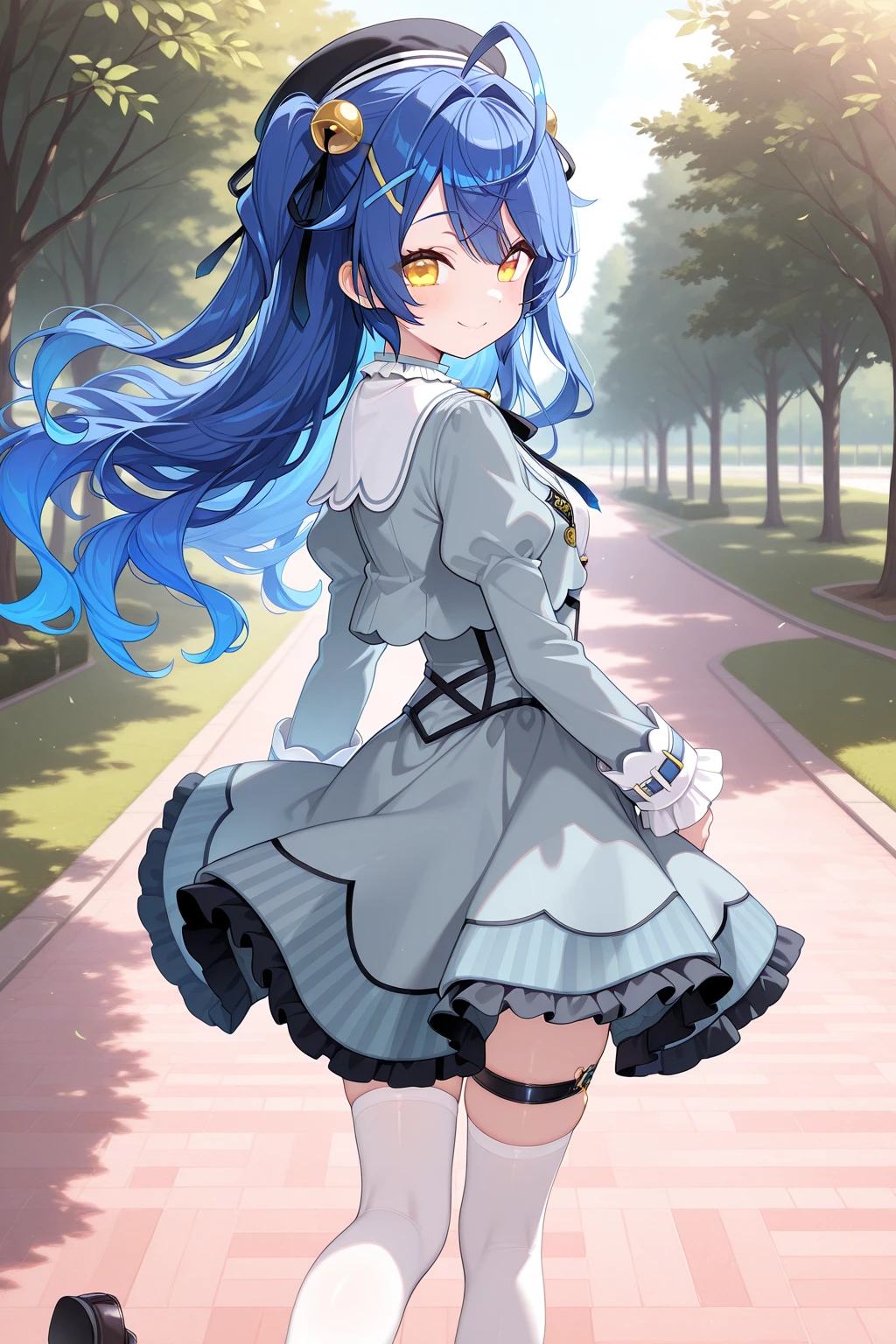 1girl, AmamiyaKokoroNijisanji,
general, solo, from behind,
long hair, blue hair, two side up, wavy hair,
eyelashes, yellow eyes,
black headwear, x hair ornament, hair bell,
grey jacket,
puffy sleeves, frilled sleeves,
cropped jacket,
breasts, open jacket,
neck bell, white shirt,
grey dress,
thigh strap, white thighhighs, loafers,
smile,
park, wind,
<lora:kp_AmamiyaKokoroNijisanji1stCostumeIllustrious_v1_0:1.0>,
masterpiece, best quality, amazing quality