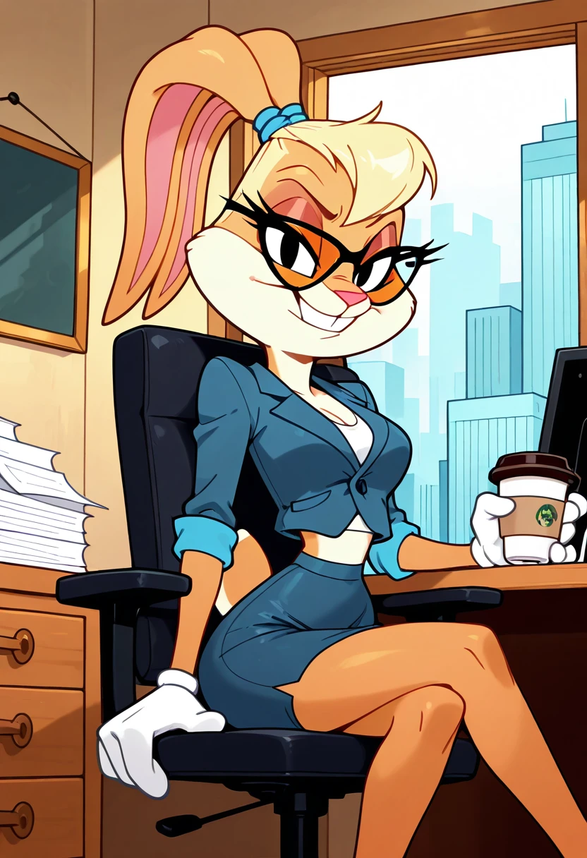 masterpiece, best quality, no humans, curvy, medium breasts, wide hips, narrow waist, smile, looking at viewer,    [Power Desk Morning] zzLola, blonde hair, ponytail, hair tie, 1girl, solo, blazer over crop top, pencil skirt, reading glasses, coffee cup, city-view office window, minimalist chair, sleek desk, papers and tablet, modern boss aesthetic, sitting pose â zzLola sits with crossed legs in a minimalist chair, her coffee still steaming as she taps through data on her tablet. Her ponytail swings with purpose as she glances up, sharp eyes behind frameless glasses. The skyline beyond the window gleams, a silent witness to her morning takeover.  <lora:LolaBunnyCartoon_IXL:0.9>,