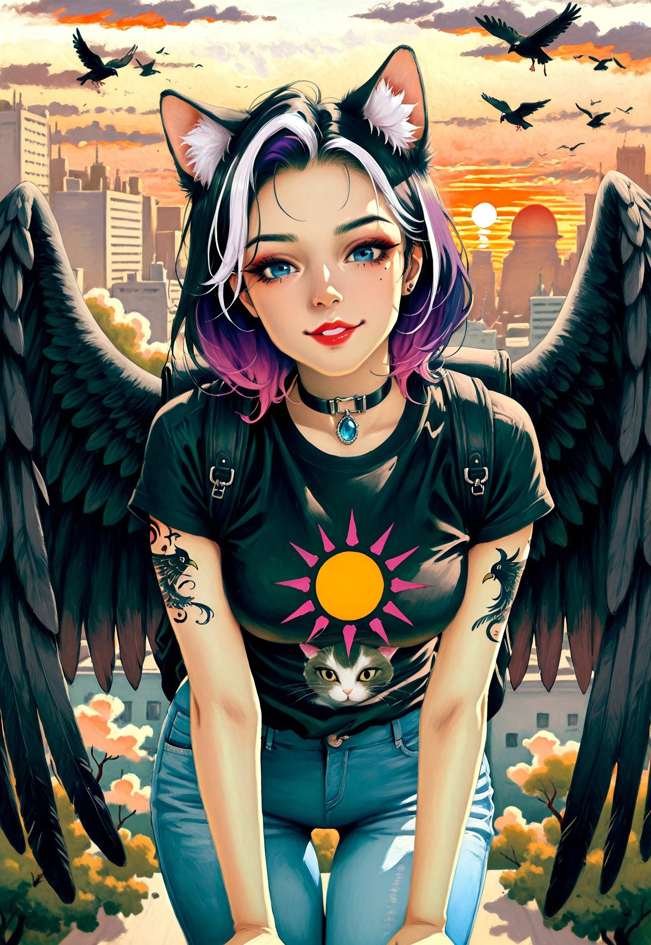 masterpiece, very aesthetic, absurdres, best quality, 1MPR3SS1ON1SM, oil painting, traditional media, 1girl, animal ear fluff, animal ears, arm tattoo, flying, backpack, bird, black hair, black nails, black shirt, black wings, blue eyes, blue pants, building, cat ears, choker, cloud, collar, cowboy shot, denim, eyelashes, feathered wings, fingernails, gem, jeans, jewelry, leaning forward, lips, lipstick, looking at viewer, makeup, medium breasts, medium hair, mole, mole under eye, multicolored hair, nail polish, nose, outdoors, pants, parted lips, piercing, pink hair, pink lips, print shirt, purple hair, red lips, shirt, short hair, short sleeves, sky, smile, solo, streaked hair, sun, sunset, t-shirt, tattoo, teeth, thigh gap, tree, two-tone hair, white hair, wings