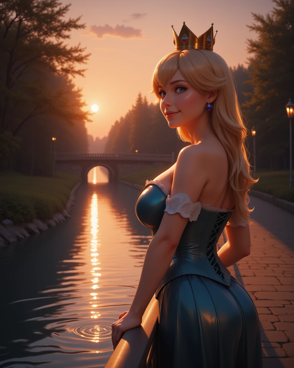 photorealistic image of <lora:Nintendo_-_Princess_Peach_v2_000030:1> n-peach, a 20 year old girl she has blue eyes and blonde hair, wearing a golden crown, a 20 year old woman Relieved with a deep exhale, shoulders dropping, and a soft smile of comfort.
-Highest quality, best quality, masterpiece. cinematic atmosphere. The lighting is soft yet dramatic. The film grain adds a tactile, grainy texture, enhancing the dreamlike quality of the scene.
A woman leans over the railing of a bridge that crosses a serene stream, dipping her fingers into the cool water while gazing at the sunset's reflection on the rippling surface.
Lace-up corset top with a sweetheart neckline, structured fit, and boning details