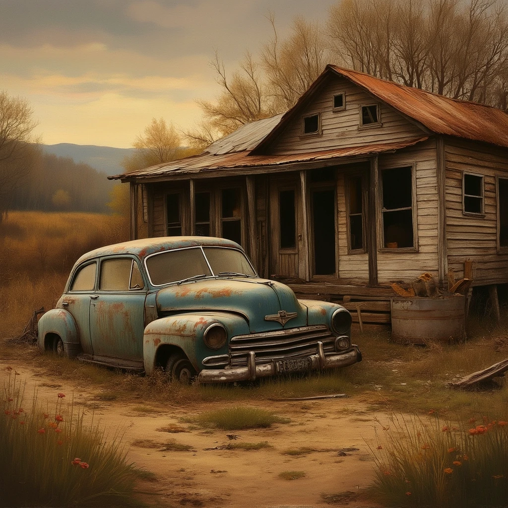 Artistic. Warm tones. Country style.
A wreck of a car beside a dilapidated shed.
cntrycmfrtCE_style