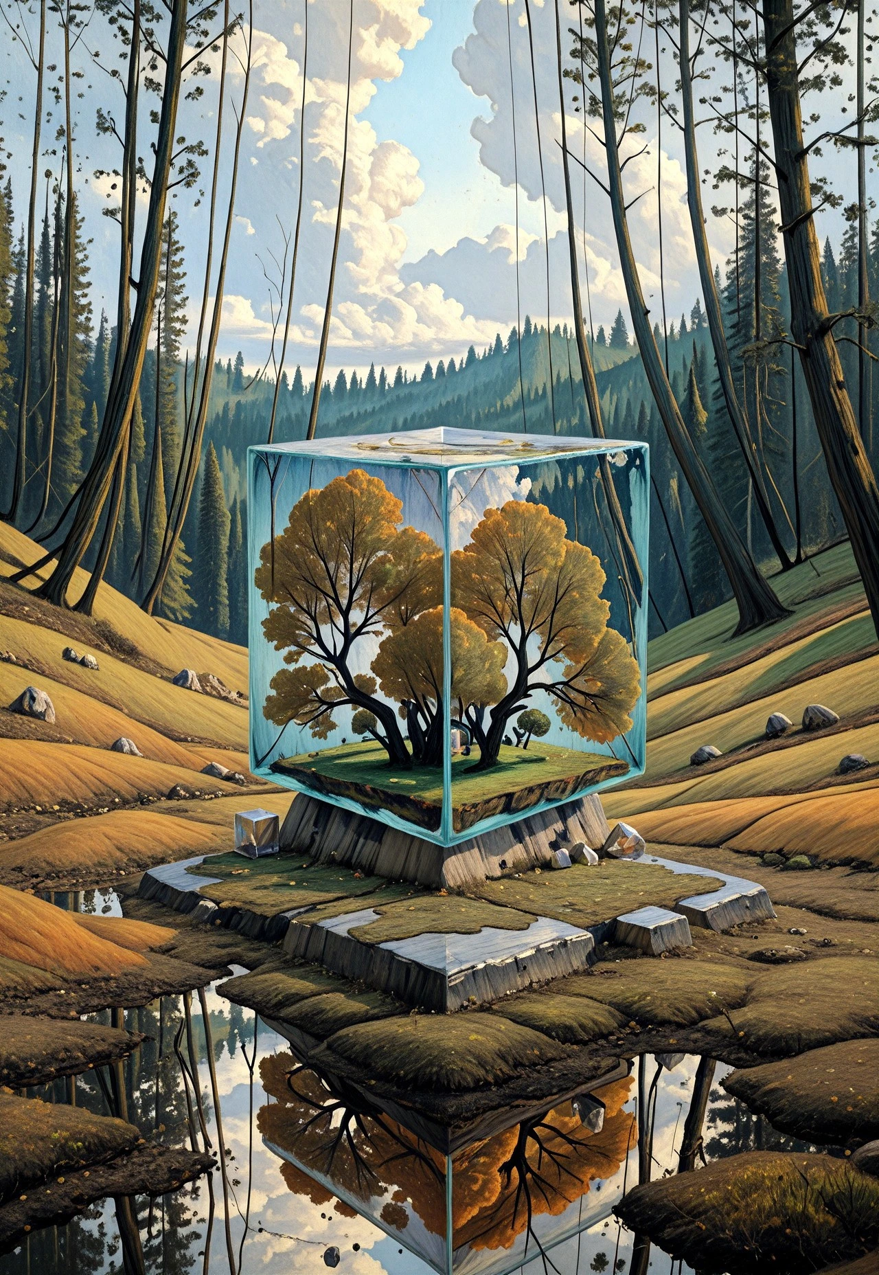 masterpiece, very aesthetic, absurdres, best quality, 1MPR3SS1ON1SM, oil painting, traditional media, This image is a highly detailed CGI artwork showcasing a surreal, nature-inspired scene. The focal point is a large, transparent cube hovering in mid-air, with its transparent walls reflecting a breathtaking landscape of mountains and forest. The cube is positioned centrally in the image, its glass-like surface capturing a perfect reflection of a verdant valley with towering, jagged mountains in the background, their peaks shrouded in a thin layer of cloud.