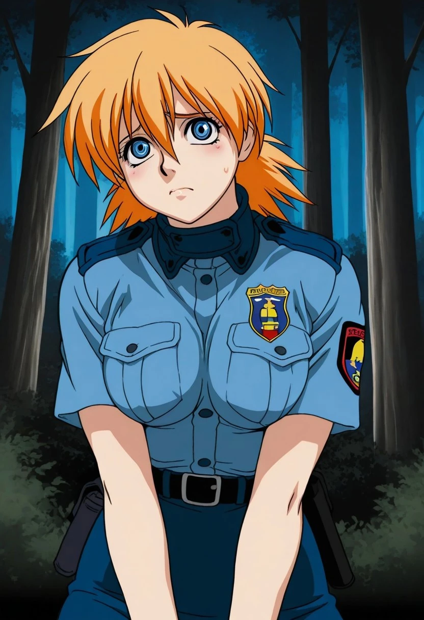 Hellsing_style, masterpiece, best quality, 1girl, Seras Victoria, blue eyes, police, nervous, forest