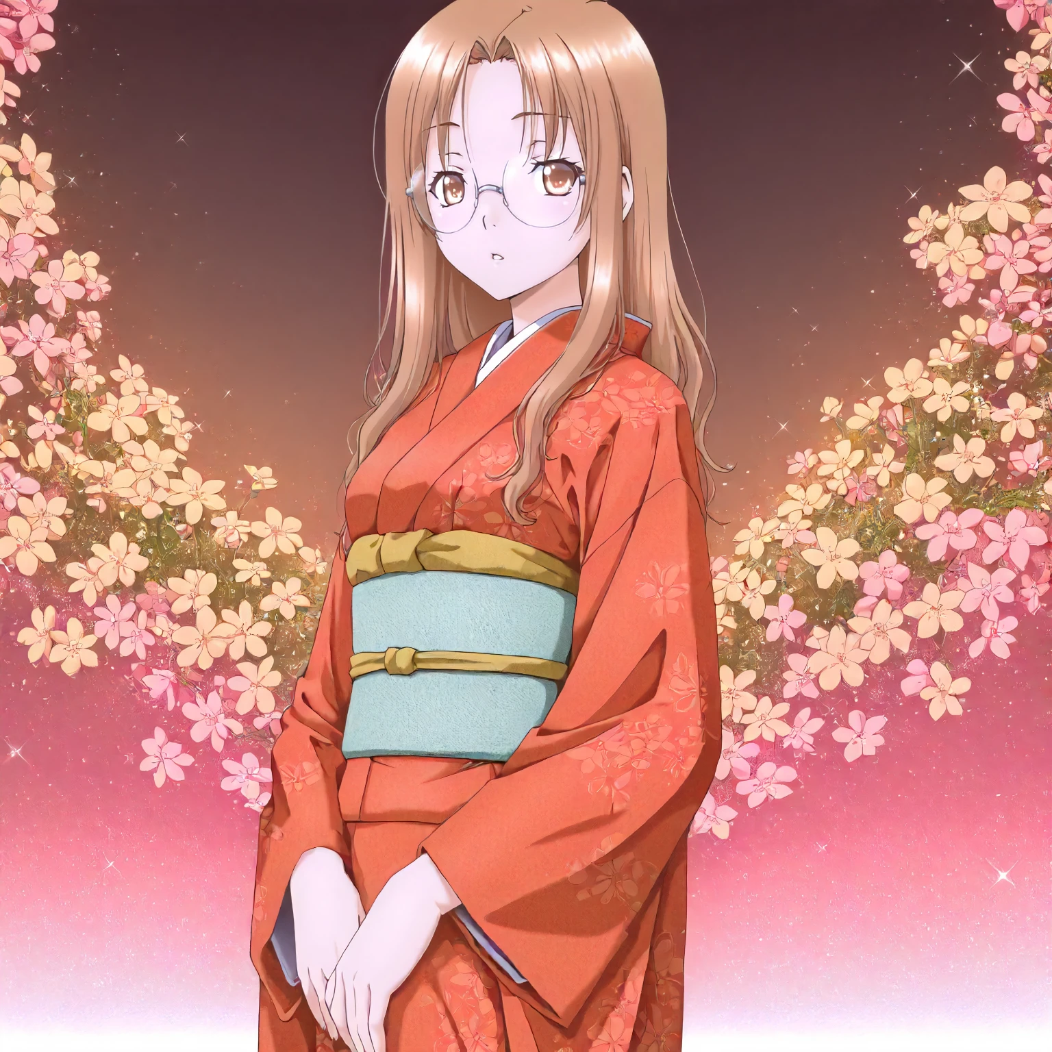 <lora:YG_takani_sakuyaXLIllustrious001>,
masterpiece,best quality,good quality,newest,
flower background,glitter,
parted lips,
looking at viewer,
solo,
anime coloring,
takani_sakuya\(yukigatari\),1girl,light brown hair,long hair,brown eyes,rimless_eyewear,
cowboy shot,standing,
print_kimono,