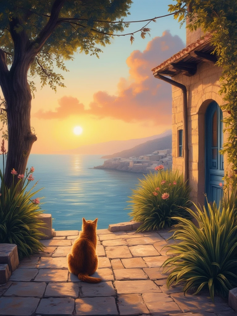 Artistic. Warm tones. Country style.
A cat on the stone patio of a Greek house, overlooking the ocean.
cntrycmfrtCE_style