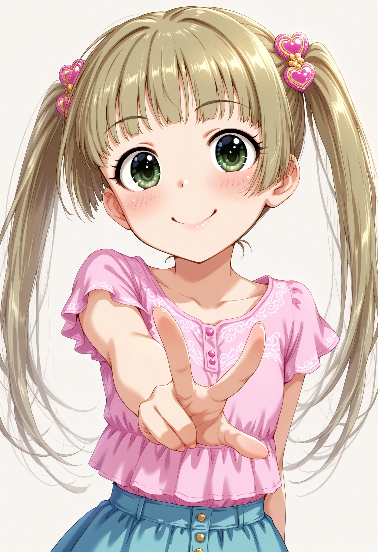 masterpiece, best quality, amazing quality, 1girl, solo, makeup, blush, upper body, perspective, simple background, smile, v, <lora:Yokoyama_Chika_Cinderella:1>, Yokoyama_Chika_Cinderella, long hair, twintails, brown hair, hair ornament, green eyes, casual(top, skirt), <lora:wai-Rectified-s:1>, <lora:prompt_extend:1>