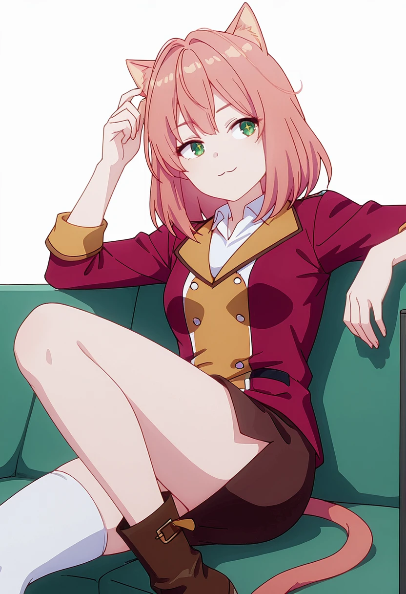 Smooth Quality,masterpiece,very intricate, high quality details, ultra realistic, high detailed skin,detailed enviorement,absurdres,
Hand on own ear,
<lora:Terakomari_Gandesblood_CNR:0.8>
<lora:Tio_Flat_CNR:0.8> tio_cnr, 1girl,pink hair, medium hair, green eyes, cat ears,cat tail, cat girl,white shirt, collared shirt,jacket, school uniform,brown skirt,pencil skirt,white thighhighs, single thighhigh,boots, simple background, white background, dynamic angle,
reclining, one leg over other, arm on backrest, calm, composed, ,, c:,