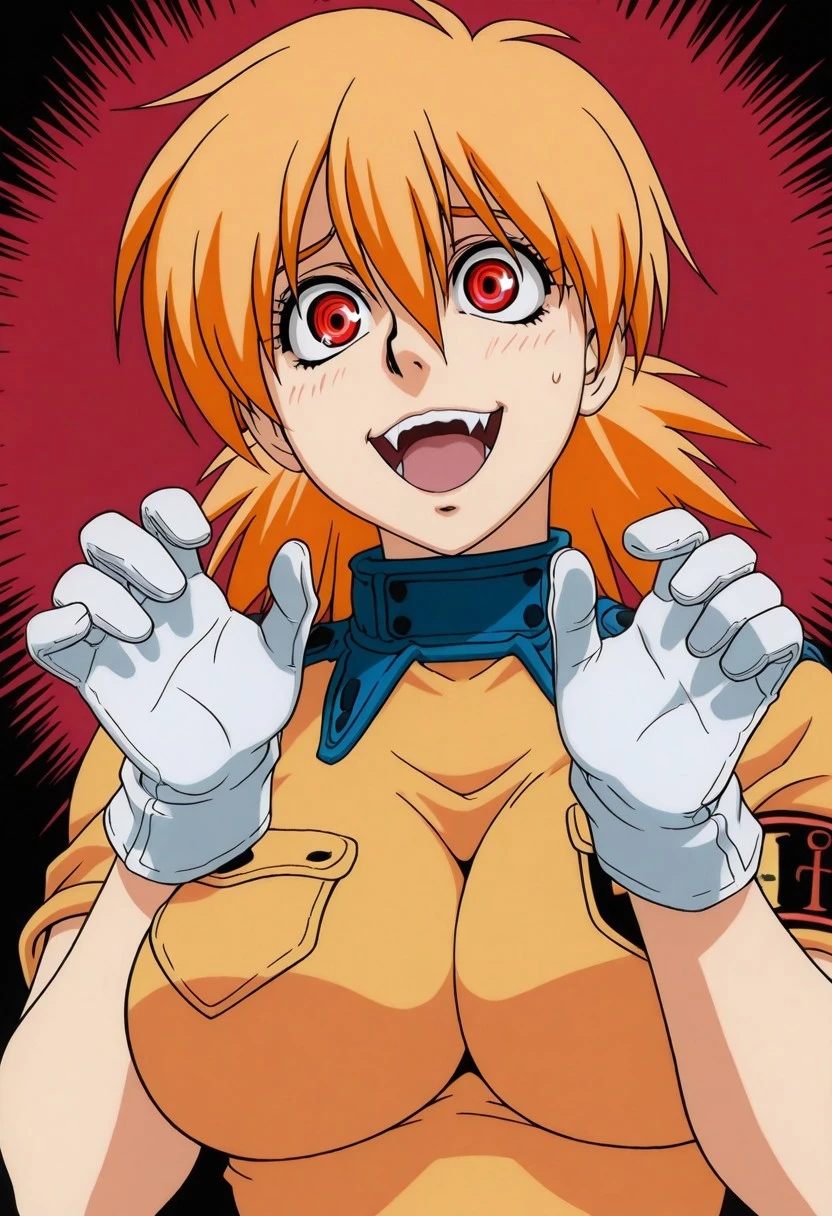Hellsing_style, masterpiece, best quality, 1girl, solo, Seras Victoria, red eyes, nervous, large breasts, gloves, excited, vampire,