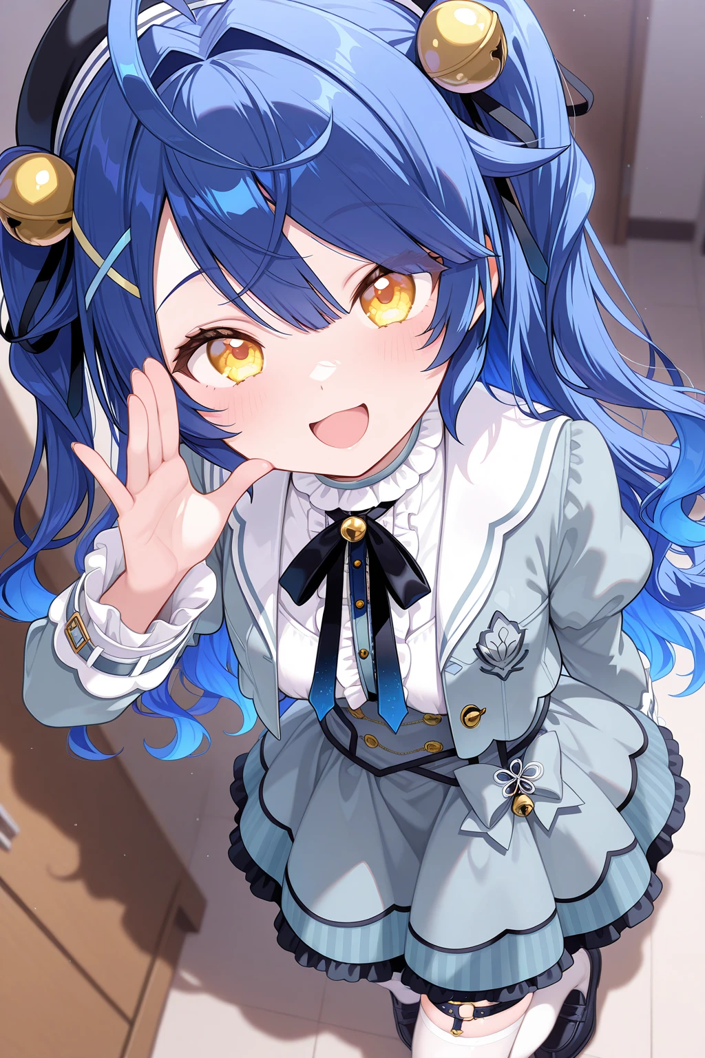 1girl, AmamiyaKokoroNijisanji,
general, solo, from above,
long hair, blue hair, two side up, wavy hair,
yellow eyes,
black headwear, x hair ornament, hair bell,
grey jacket,
puffy sleeves, frilled sleeves,
cropped jacket,
breasts, open jacket,
neck bell, white shirt,
grey dress,
thigh strap, white thighhighs, loafers,
looking at viewer, \:D, fisheyelens,
<lora:kp_AmamiyaKokoroNijisanji1stCostumeIllustrious_v1_0:1.0>,
masterpiece, best quality, amazing quality