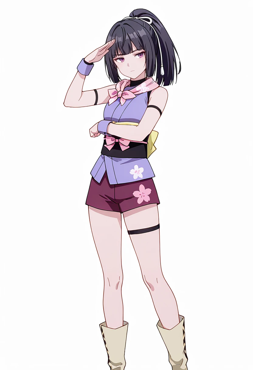Smooth Quality,masterpiece,very intricate, high quality details, ultra realistic, high detailed skin,detailed enviorement,absurdres,
salute,
<lora:Minenaga_Koharu_CNR:0.8> minenaga_cnr, 1girl,black hair, long hair, ponytail, blunt bangs, purple eyes,purple kimono, short kimono, sleeveless kimono,obi,pink sash, shorts, thigh strap, boots, scarf,hair ribbon, floral print,ninja, simple background, white background, front view,
standing, arms crossed, head tilt, serious, balanced stance, confident, ,, :|,