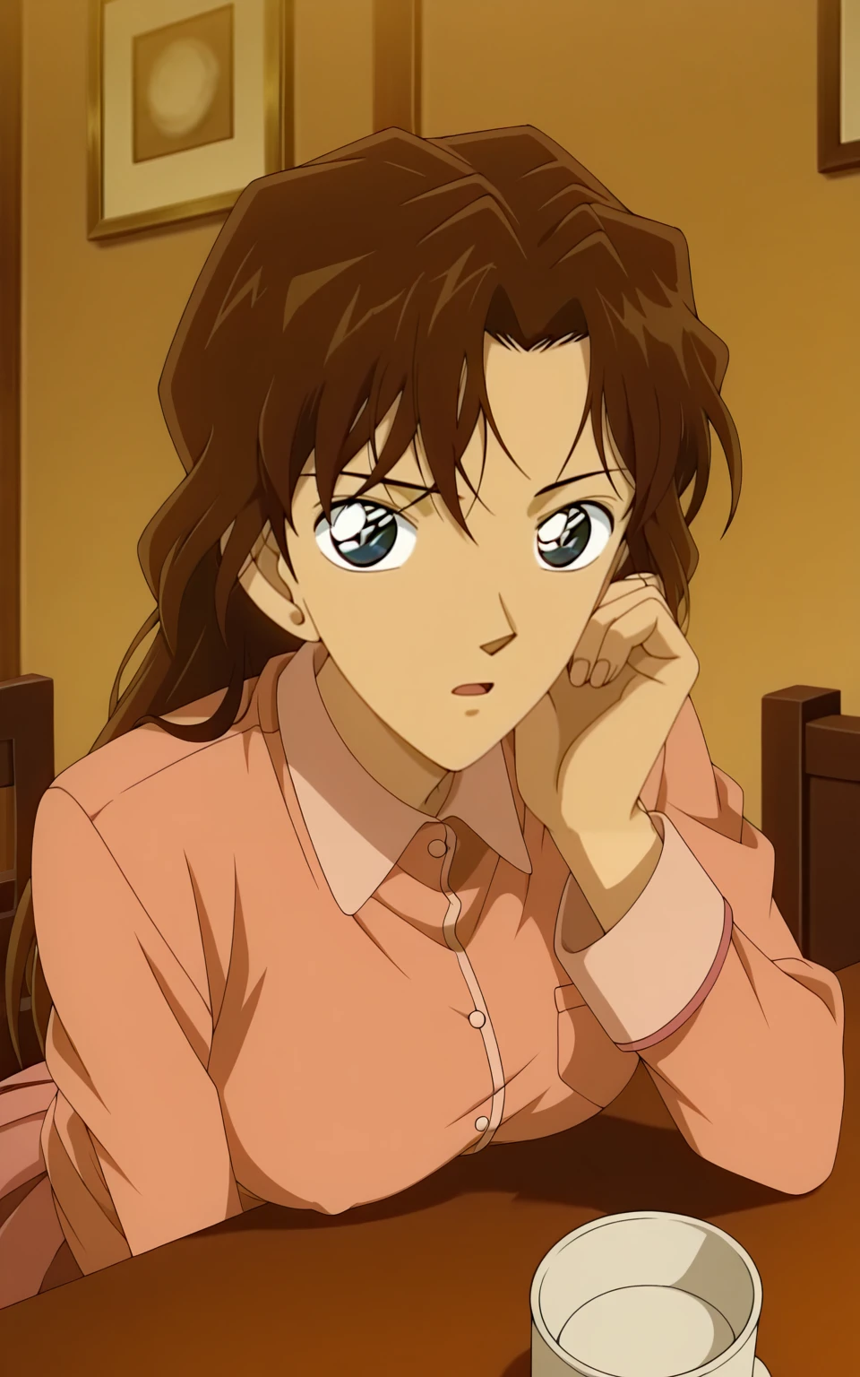 <lora:KazumiTakenaka_illustrious_v1_AnimeNyan:0.9>, <lora:sound_effects-000015:1>, <lora:style1:0.2>, style1, <lora:Expressive_H:1.5>, Expressiveh, <lora:AmaiAnimePony:0.6>, KazumiTakenaka, 1990s \(style\), retro artstyle, meitantei conan, long hair, brown hair, forehead, pulled back hair, curly hair, medium breasts, curvy, glamor, fair skin, extremely detailed skin, (thick thighs), dynamic lighting, detailed beautiful eyes, blue eyes, covered nipples, general, sensitive, pink pajamas, blue eyes, uncensored, bedroom, (breasts on table), (breast rest), skirt, panty, looking at viewer, sitting, hand on own chin, leaning forward, breast press, restaurant, masterpiece, best quality, amazing quality, highres, absurdres, very aesthetic, official art, anime coloring, 8k