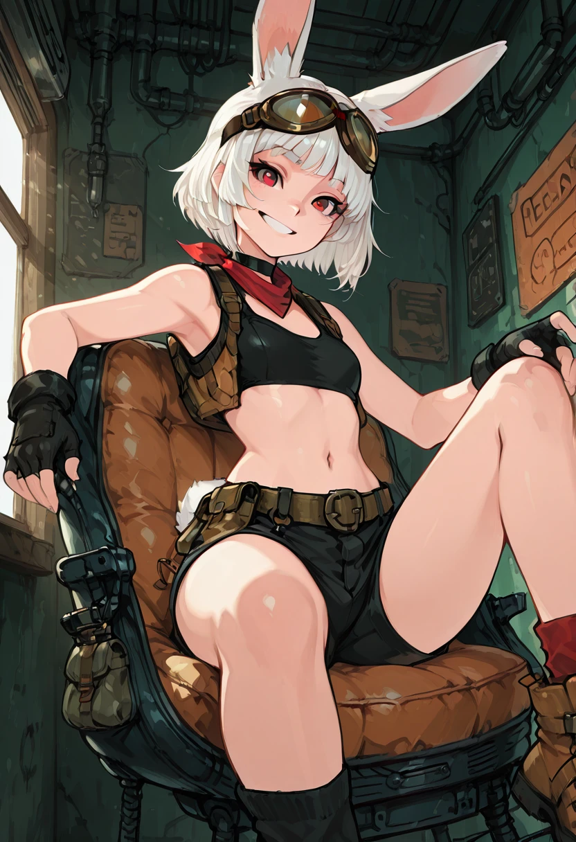 masterpiece, best quality, 1girl, solo, eyelashes, (beautiful eyes), sitting, smile,    [Art School Lounge] SilvaCitronOC, red eyes, white hair, short hair, rabbit ears, rabbit girl, animal nose, goggles on head, 1girl, solo, paint-splattered overalls, cropped tank, mismatched socks, sketchbook, beanbag chair, easels, sunlight through dusty windows, relaxed campus vibe, sitting pose, indie art aesthetic â Sprawled in a beanbag chair, SilvaCitronOC sketches idly in a worn notebook, ears twitching to the rhythm of an unseen jazz track. Sunlight filters through dusty studio windows, catching on the dry paint flecks on her clothes. Her goggles rest loose around her neck â an artist in flow, mid-dream.   <lora:SilvaCitronOC_IXL:0.8>,   <lora:CoutureCraze_IXL:0.6>,
