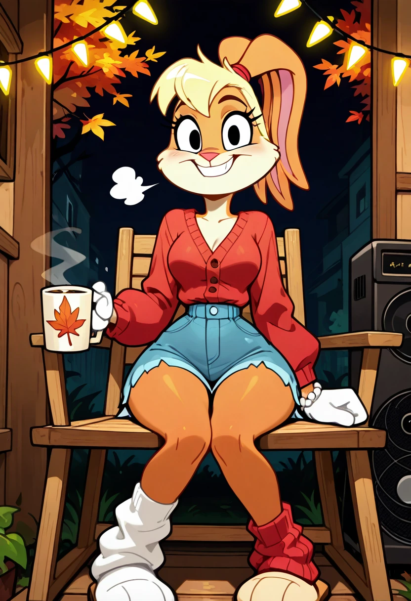 masterpiece, best quality, no humans, curvy, medium breasts, wide hips, narrow waist, smile, looking at viewer,    [Suburban Indie Patio] zzLola, blonde hair, ponytail, hair tie, 1girl, solo, oversized cardigan, ripped jeans, beaded bracelets, mismatched socks, steaming mug, fairy lights, wooden deck chair, autumn leaves, cozy indie aesthetic, sitting pose â zzLola wraps both hands around her mug, breath curling into the cool dusk air. She rocks slowly in a wooden chair under string lights, her ponytail messy but charming. A playlist hums through a cracked phone speaker nearby, the scent of cinnamon and the crunch of leaves grounding her in the moment.  <lora:LolaBunnyCartoon_IXL:0.9>,