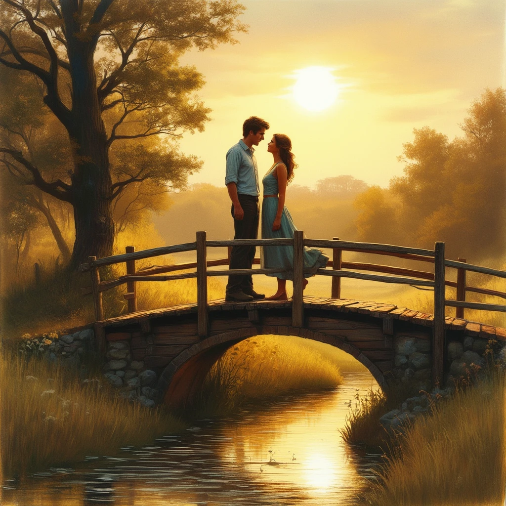Drawing. Warm tones.
Two people standing on an old wooden bridge in the countryside. The gaze at each other lovingly.
cntrycmfrtCE_style