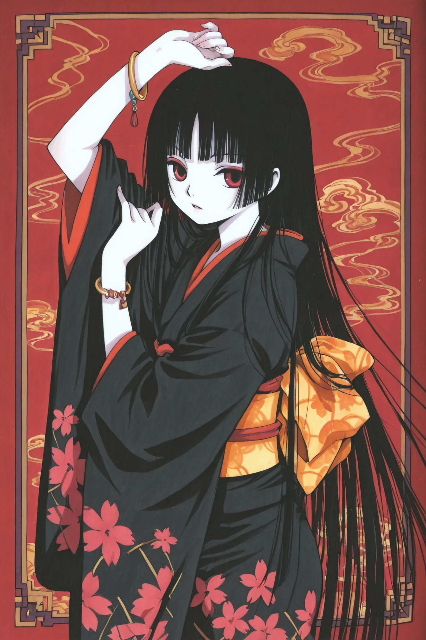 Enma Ai,1girl,solo,japanese clothes,long hair,black hair,kimono,hime cut,bangs,bracelet,blunt bangs,jewelry,black kimono,red eyes,looking at viewer,traditional media,stretching one arm,
<lora:JigokuShoujo_illustriousXL:0.5>,
<lora:xxxHOLiC_illustriousXL:1.2>,