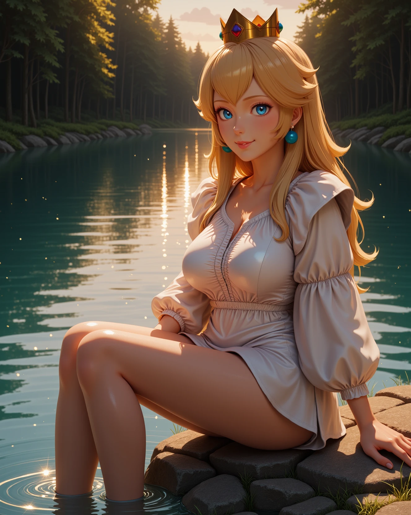 photorealistic image of <lora:Nintendo_-_Princess_Peach_v2_000030:1> n-peach, a 20 year old girl she has blue eyes and blonde hair, wearing a golden crown, a 20 year old woman Optimistic with a hopeful smile, bright eyes, and an open, welcoming stance.
-Highest quality, best quality, masterpiece. cinematic atmosphere. The lighting is soft yet dramatic. The film grain adds a tactile, grainy texture, enhancing the dreamlike quality of the scene.
A woman walks through an open field of tall grass, the wind sweeping through the blades as she watches the clouds move quickly across the bright sky.
Velvet wrap dress with a deep V-neck, ruched waist, and three-quarter sleeves