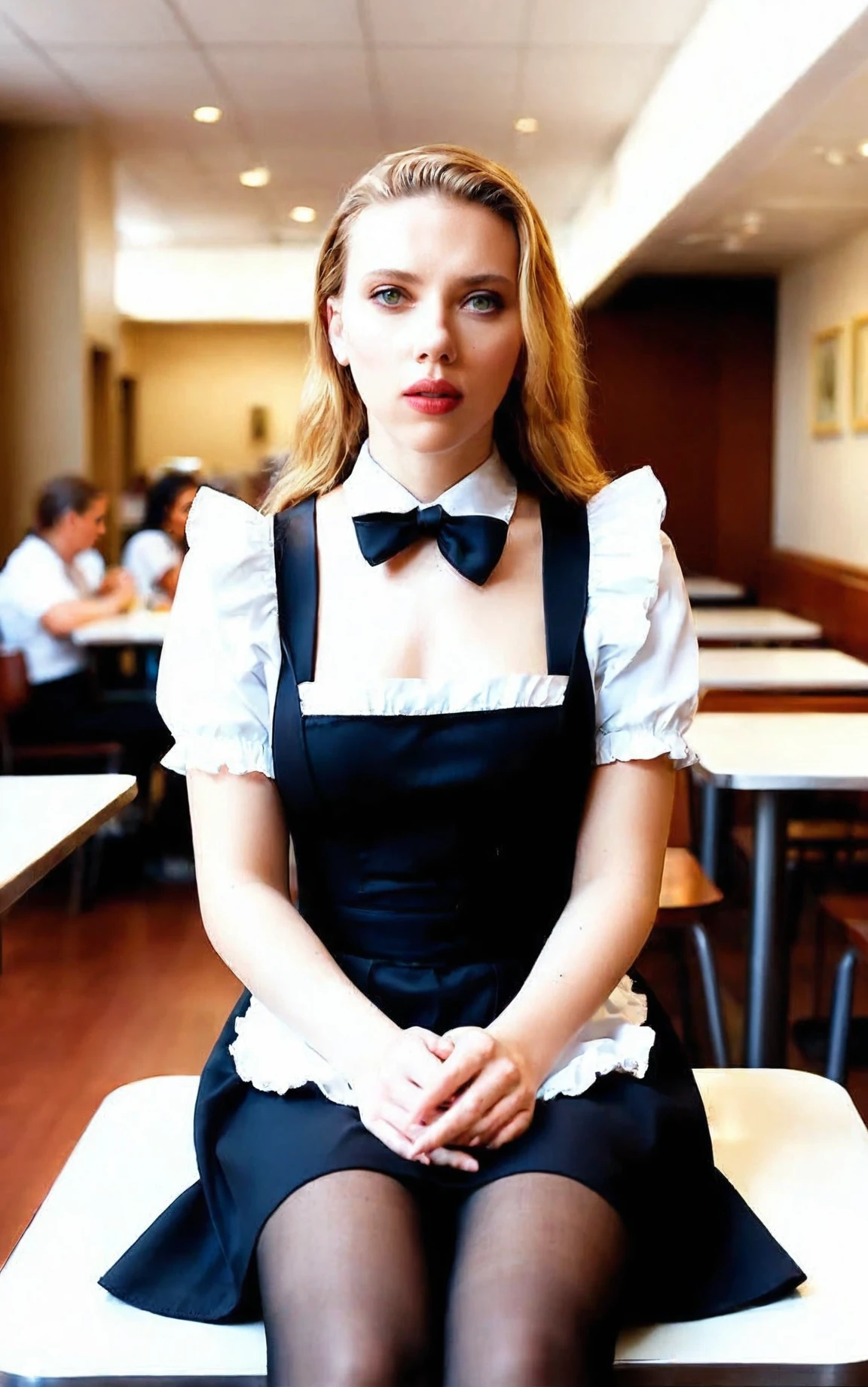 masterpiece, best quality, medium breasts, Scarlett Johansson, detailed face, realistic, looking viewer, long hair, maid outfit, cafeteria, solo, black sheer stocking, <lora:illustrious-Scarlett Johansson 1216x1600:1>, sitting
