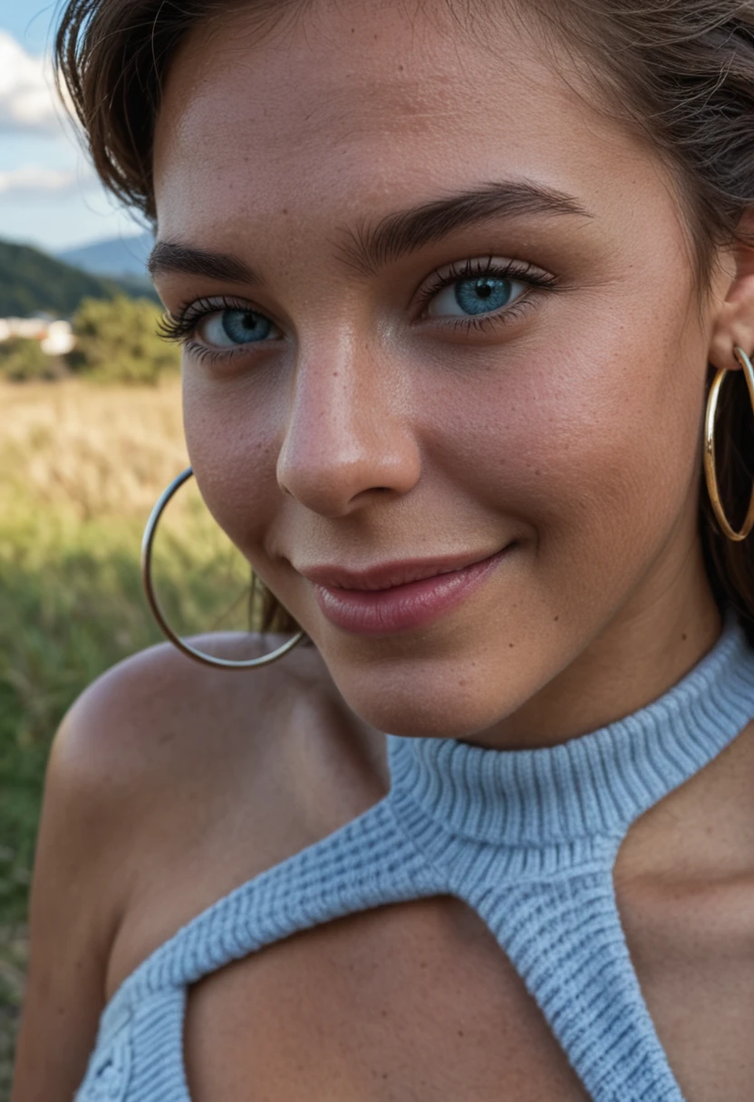 (masterpiece, best quality, ultra-detailed, realistic), 1girl, real life, detailed skin, sweater, hoop earrings, bare shoulders, sky blue eyes, head shot, close up, portrait, soft smile, slightly looking back at the viewer, sultry gaze
