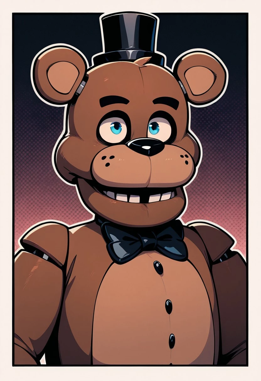 <lora:freddy-09:1> freddy, black bowtie, black hat, brown skin, bear ears, animatronic, masterpiece, best quality, amazing quality, very aesthetic, absurdres, newest, masterpiece, best quality, amazing quality, very aesthetic, absurdres, newest,, upper body, halftone effect, white borders, abstract background:1.2,