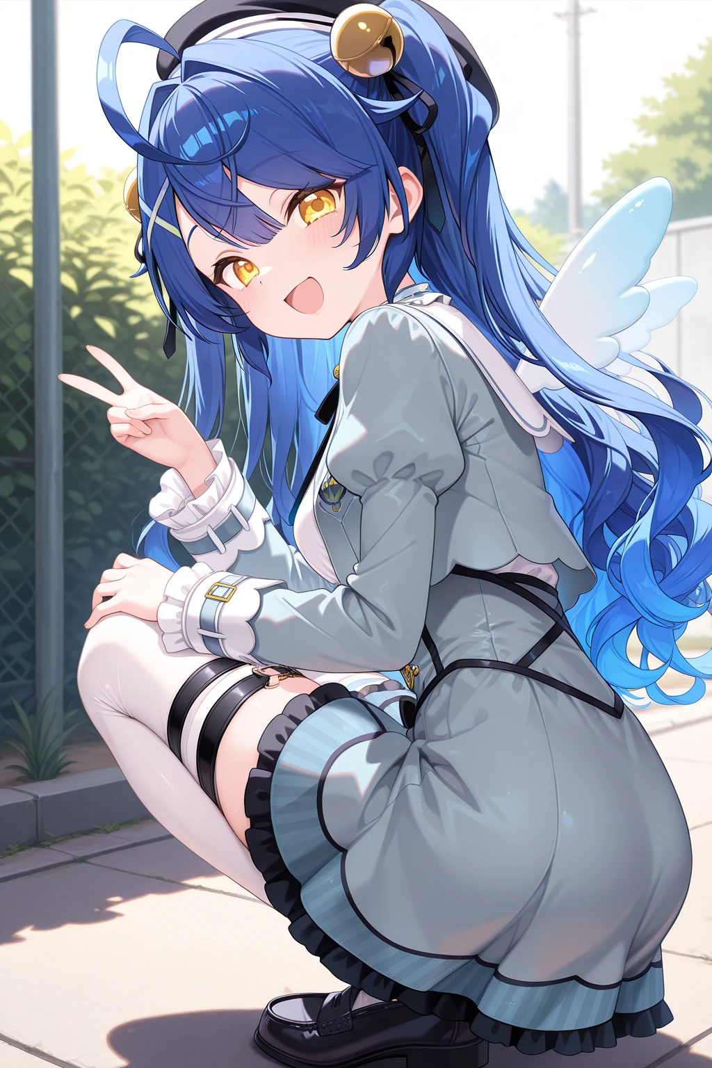 1girl, AmamiyaKokoroNijisanji,
general, solo, from behind,
long hair, blue hair, two side up, wavy hair,
yellow eyes,
black headwear, x hair ornament, hair bell,
grey jacket,
puffy sleeves, frilled sleeves,
cropped jacket,
breasts, open jacket,
neck bell, white shirt,
grey dress,
thigh strap, white thighhighs, loafers,
squatting, looking at viewer, \:D, v, hand on own knee,
outdoors, school yard,
<lora:kp_AmamiyaKokoroNijisanji1stCostumeIllustrious_v1_0:1.0>,
masterpiece, best quality, amazing quality